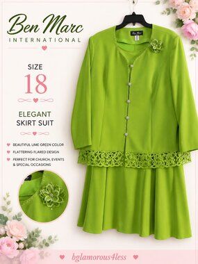 Ben Marc International Lime Green Skirt Suit Size 18